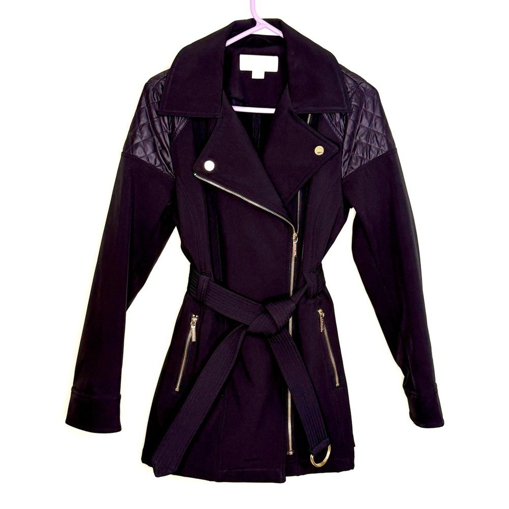 Michael Kors Black Trench Coat asymmetrical‎ zip woman S belted jacket